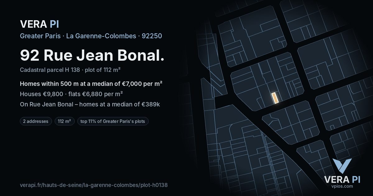 92 Rue Jean Bonal, La Garenne-Colombes at night – the plot lit, the parcels around coloured by the prices near them