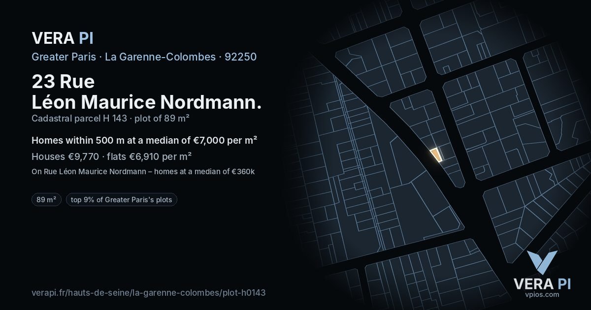 23 Rue Léon Maurice Nordmann, La Garenne-Colombes at night – the plot lit, the parcels around coloured by the prices near them
