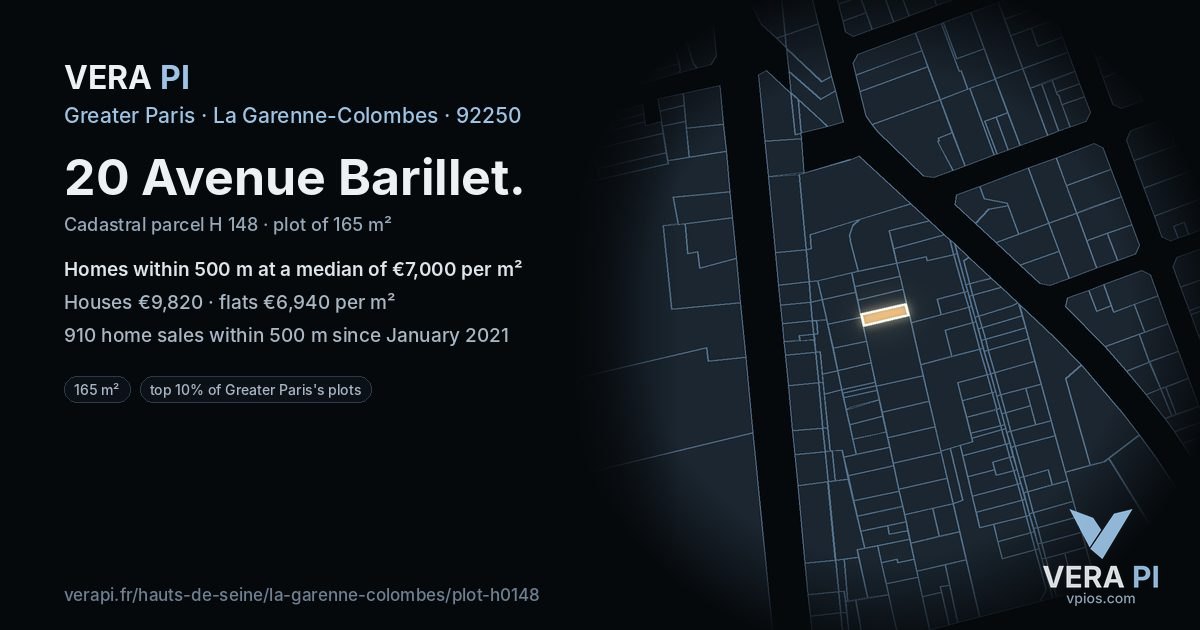 20 Avenue Barillet, La Garenne-Colombes at night – the plot lit, the parcels around coloured by the prices near them