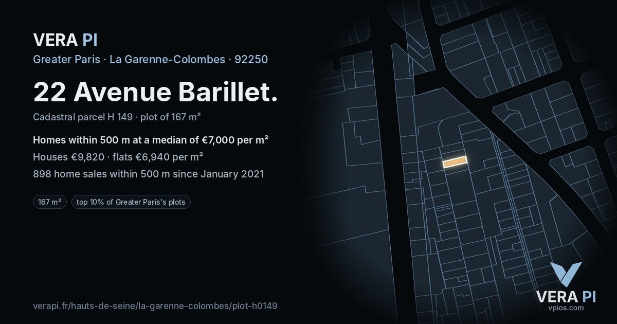 22 Avenue Barillet, La Garenne-Colombes at night – the plot lit, the parcels around coloured by the prices near them