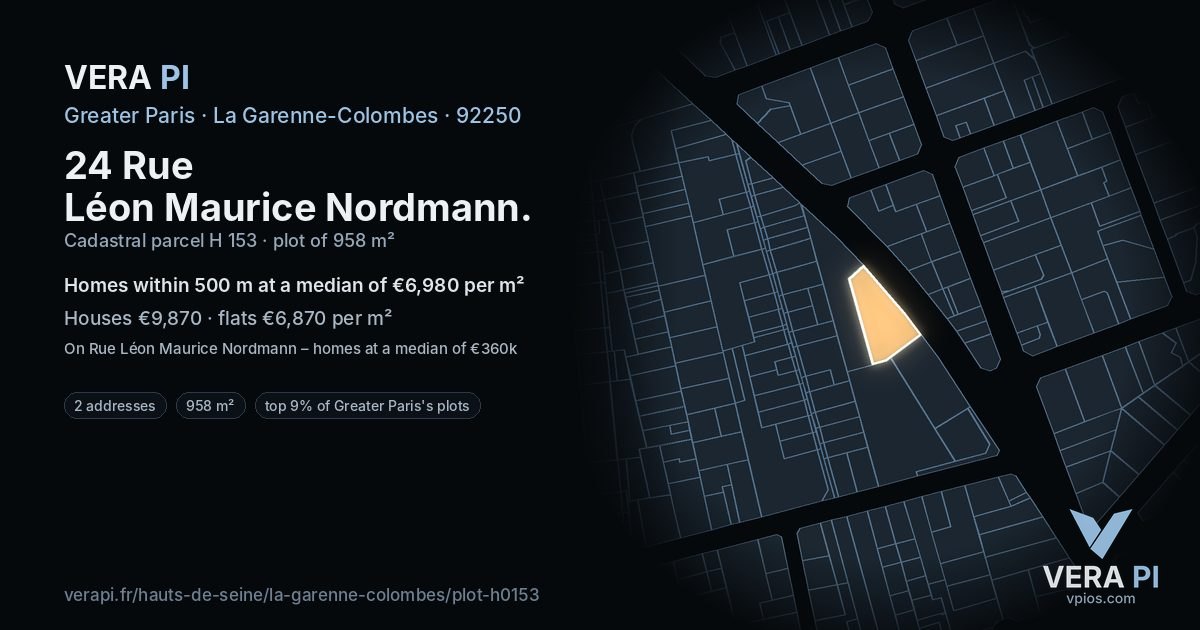 24 Rue Léon Maurice Nordmann, La Garenne-Colombes at night – the plot lit, the parcels around coloured by the prices near them