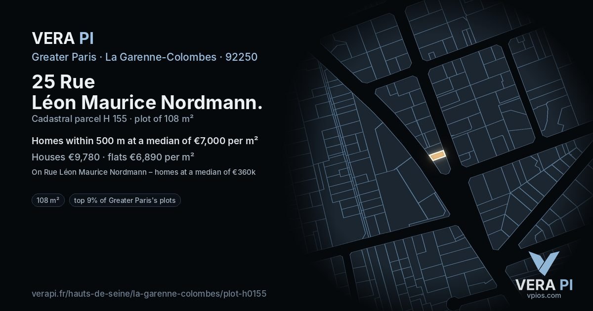 25 Rue Léon Maurice Nordmann, La Garenne-Colombes at night – the plot lit, the parcels around coloured by the prices near them