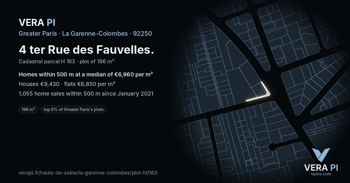 4 ter Rue des Fauvelles, La Garenne-Colombes at night – the plot lit, the parcels around coloured by the prices near them