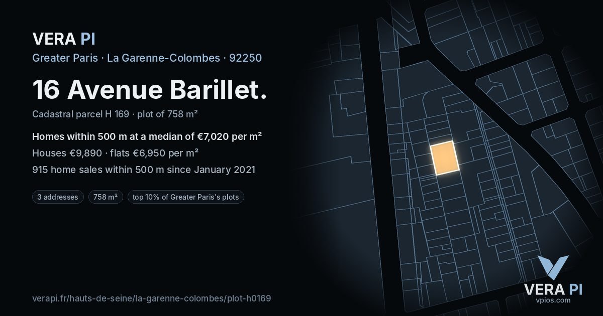 16 Avenue Barillet, La Garenne-Colombes at night – the plot lit, the parcels around coloured by the prices near them