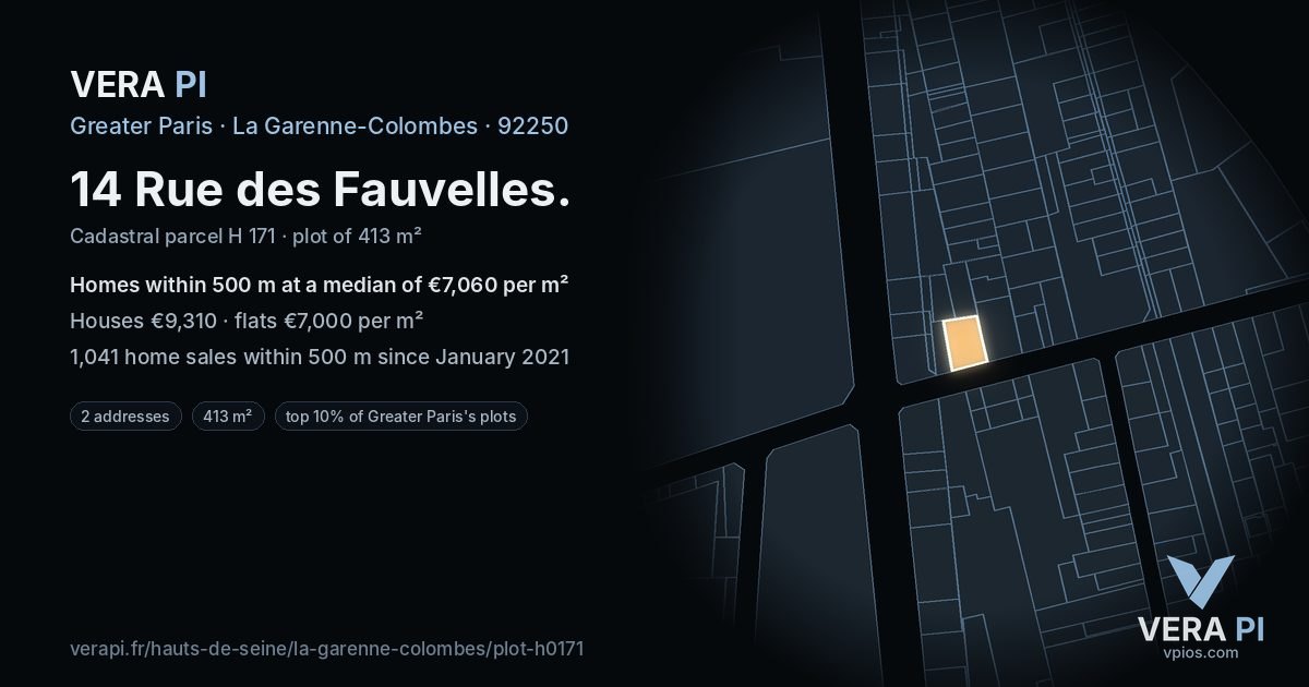 14 Rue des Fauvelles, La Garenne-Colombes at night – the plot lit, the parcels around coloured by the prices near them