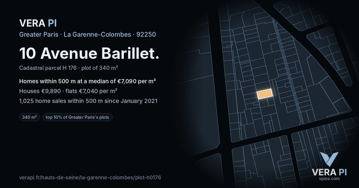10 Avenue Barillet, La Garenne-Colombes at night – the plot lit, the parcels around coloured by the prices near them