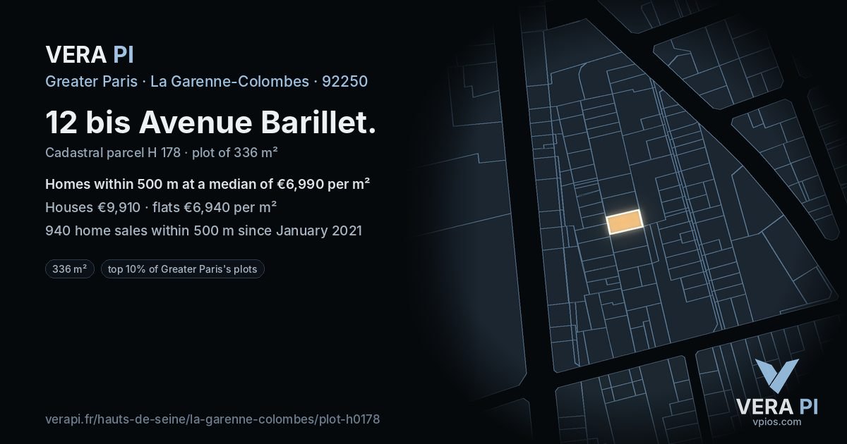 12 bis Avenue Barillet, La Garenne-Colombes at night – the plot lit, the parcels around coloured by the prices near them