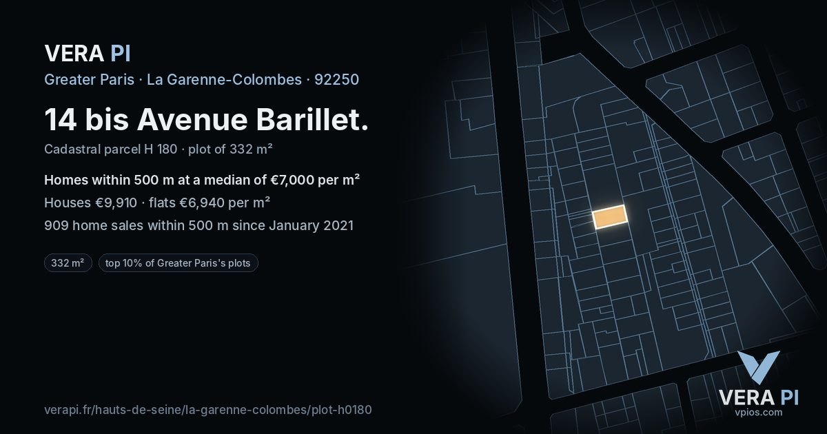14 bis Avenue Barillet, La Garenne-Colombes at night – the plot lit, the parcels around coloured by the prices near them