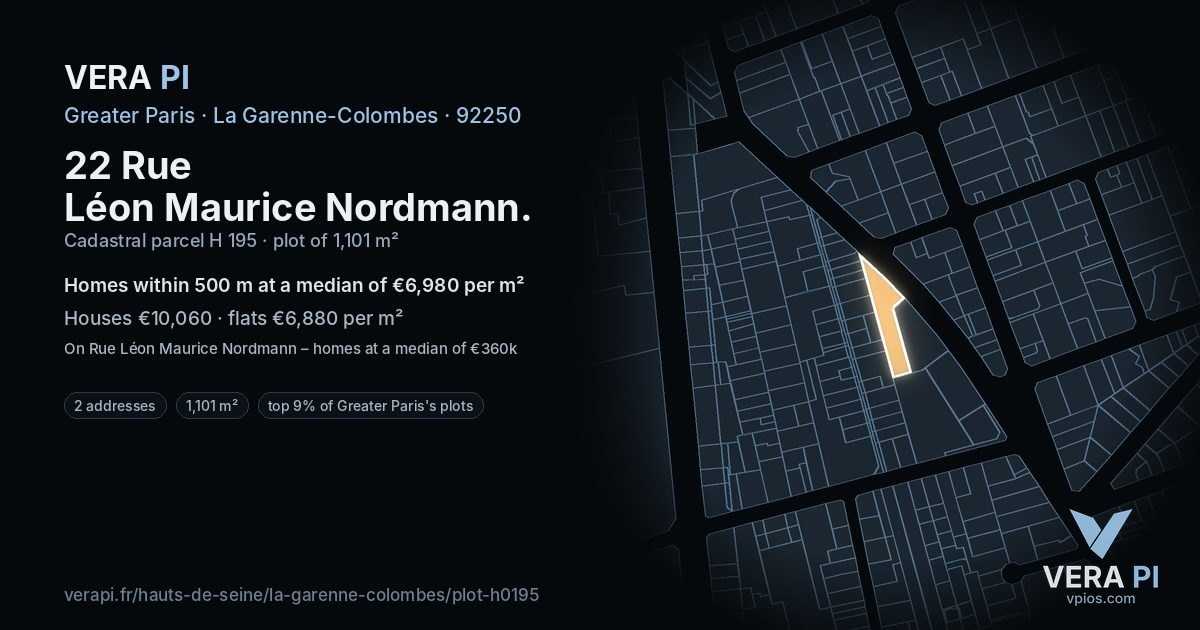 22 Rue Léon Maurice Nordmann, La Garenne-Colombes at night – the plot lit, the parcels around coloured by the prices near them