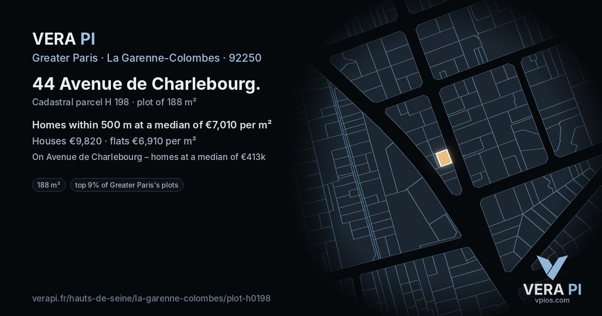 44 Avenue de Charlebourg, La Garenne-Colombes at night – the plot lit, the parcels around coloured by the prices near them