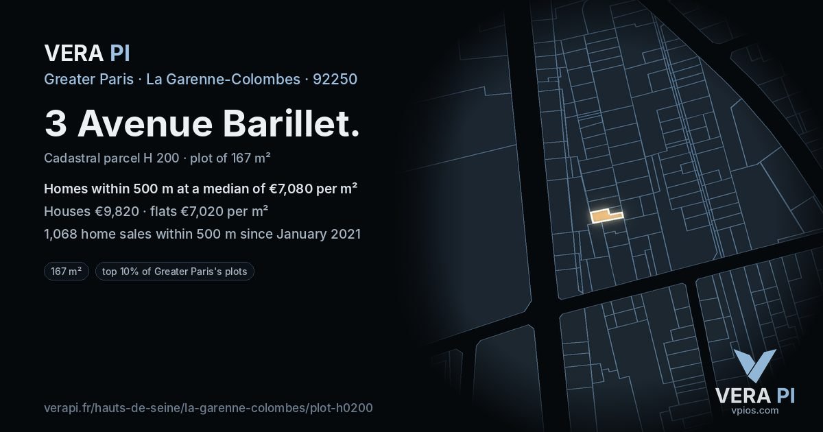 3 Avenue Barillet, La Garenne-Colombes at night – the plot lit, the parcels around coloured by the prices near them