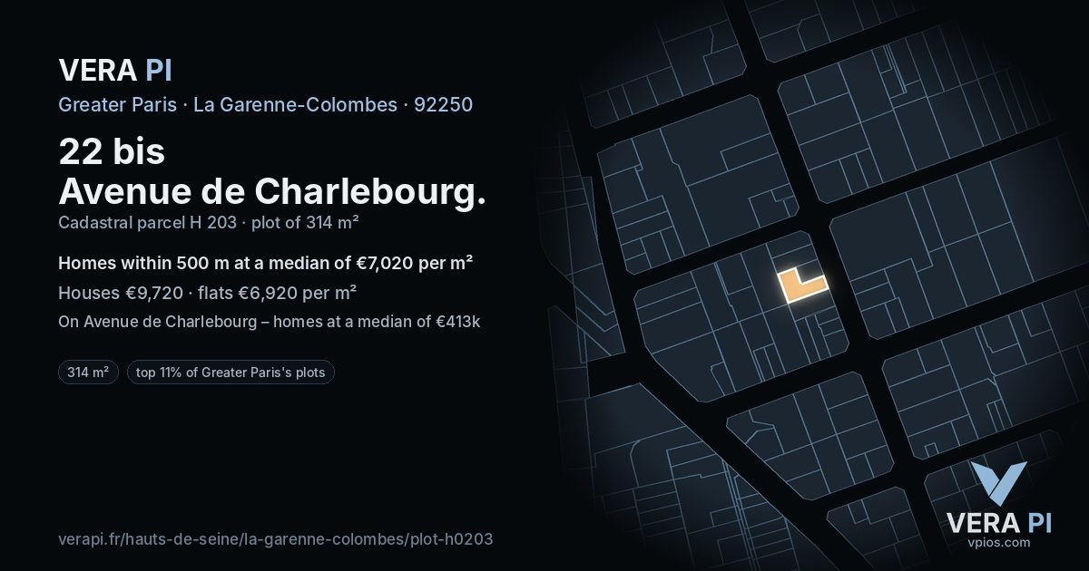 22 bis Avenue de Charlebourg, La Garenne-Colombes at night – the plot lit, the parcels around coloured by the prices near them