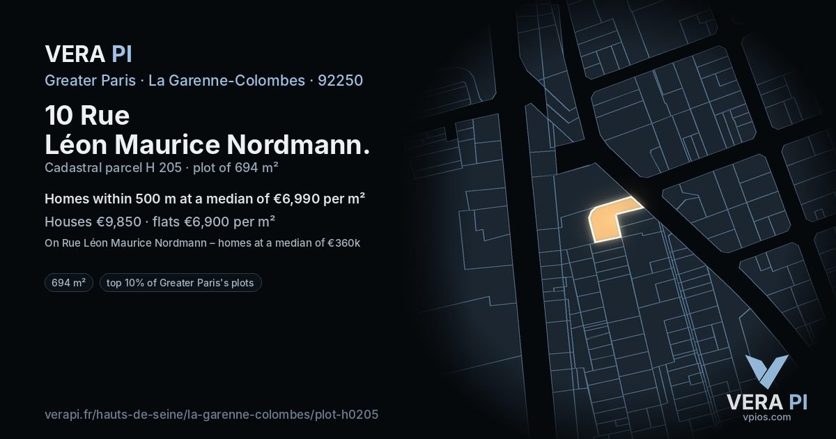 10 Rue Léon Maurice Nordmann, La Garenne-Colombes at night – the plot lit, the parcels around coloured by the prices near them