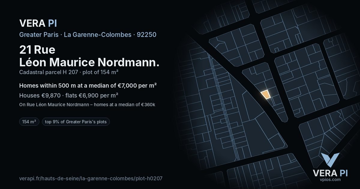 21 Rue Léon Maurice Nordmann, La Garenne-Colombes at night – the plot lit, the parcels around coloured by the prices near them