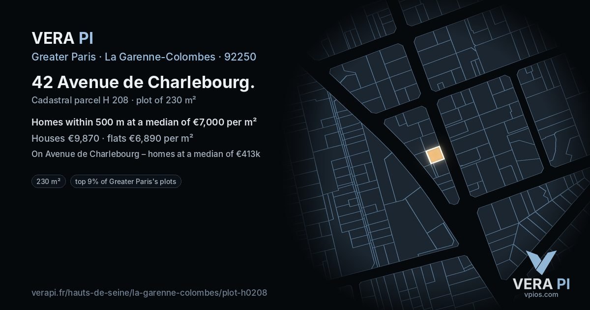 42 Avenue de Charlebourg, La Garenne-Colombes at night – the plot lit, the parcels around coloured by the prices near them