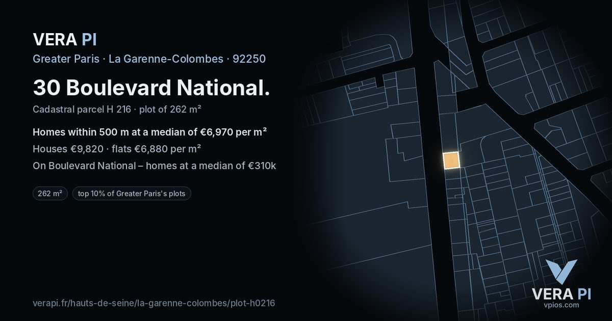 30 Boulevard National, La Garenne-Colombes at night – the plot lit, the parcels around coloured by the prices near them