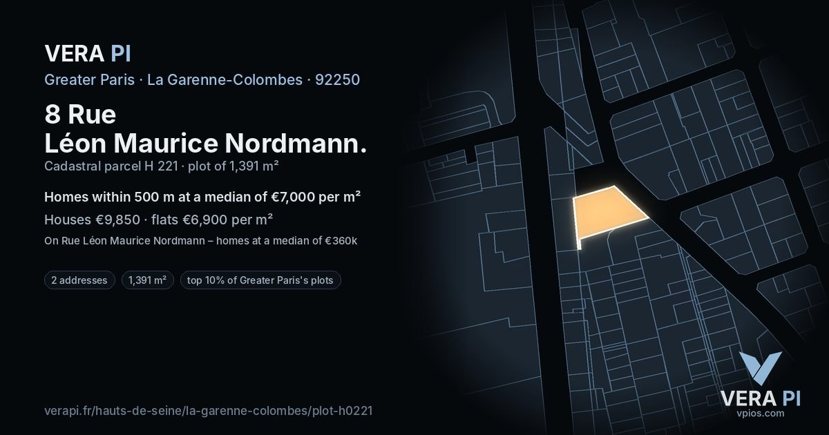 8 Rue Léon Maurice Nordmann, La Garenne-Colombes at night – the plot lit, the parcels around coloured by the prices near them
