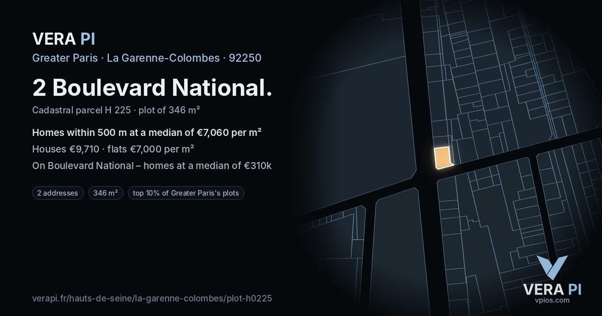 2 Boulevard National, La Garenne-Colombes at night – the plot lit, the parcels around coloured by the prices near them