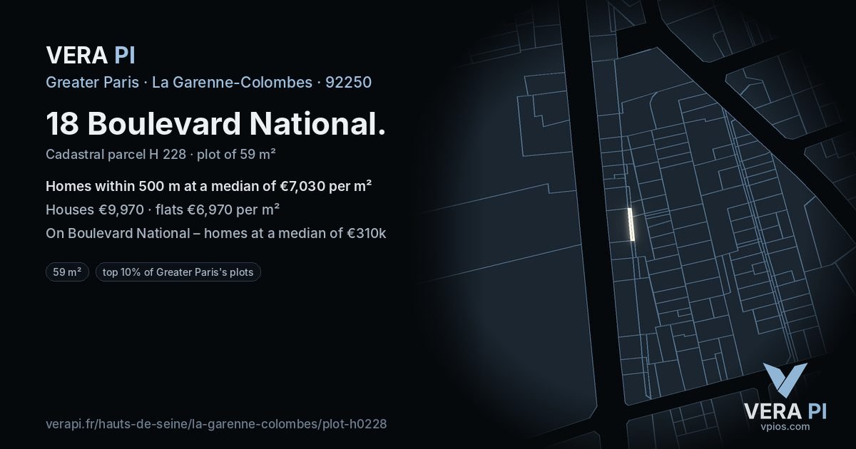 18 Boulevard National, La Garenne-Colombes at night – the plot lit, the parcels around coloured by the prices near them
