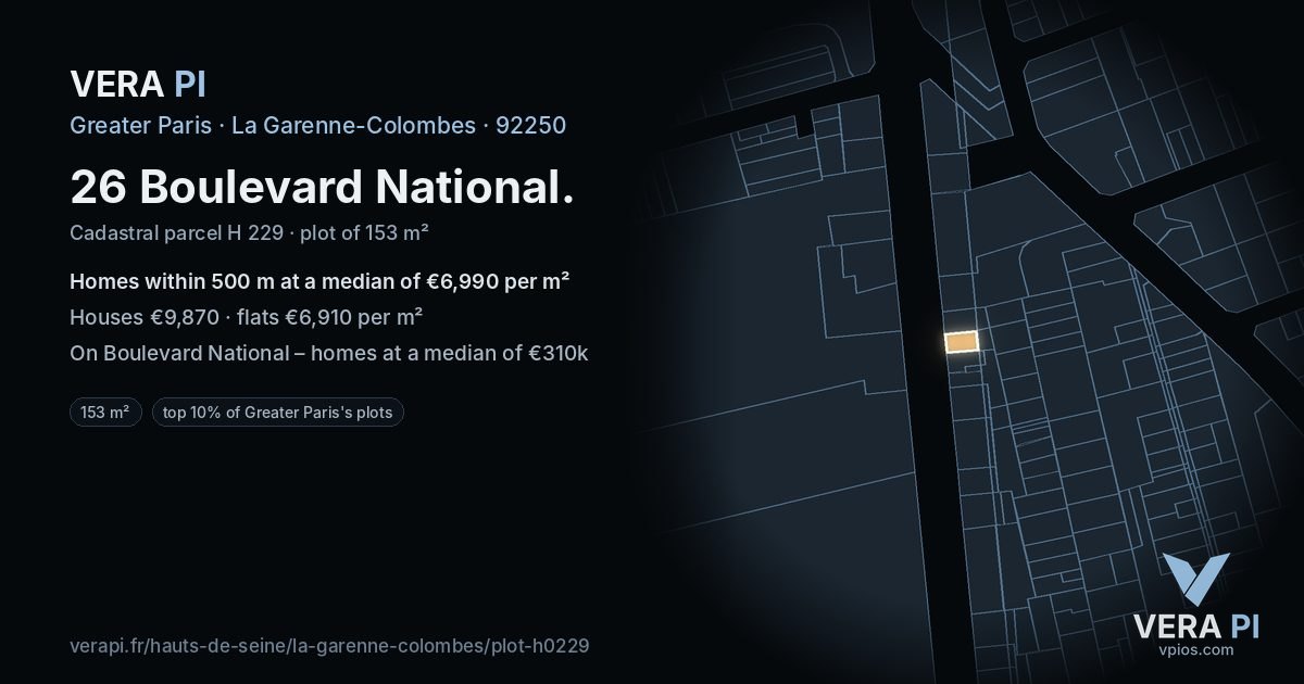 26 Boulevard National, La Garenne-Colombes at night – the plot lit, the parcels around coloured by the prices near them