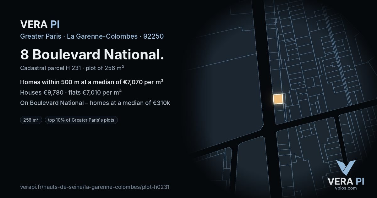 8 Boulevard National, La Garenne-Colombes at night – the plot lit, the parcels around coloured by the prices near them
