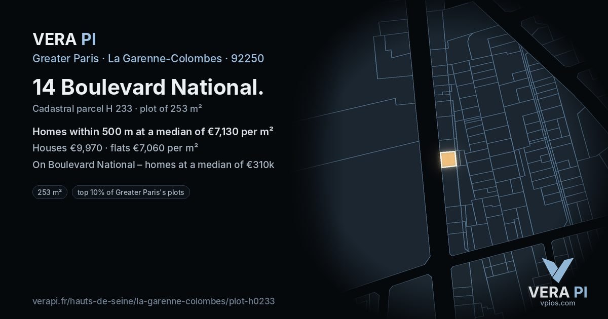 14 Boulevard National, La Garenne-Colombes at night – the plot lit, the parcels around coloured by the prices near them