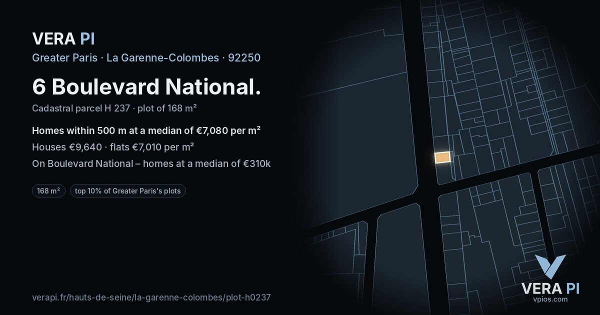 6 Boulevard National, La Garenne-Colombes at night – the plot lit, the parcels around coloured by the prices near them