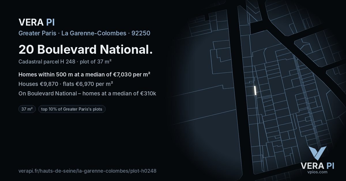 20 Boulevard National, La Garenne-Colombes at night – the plot lit, the parcels around coloured by the prices near them