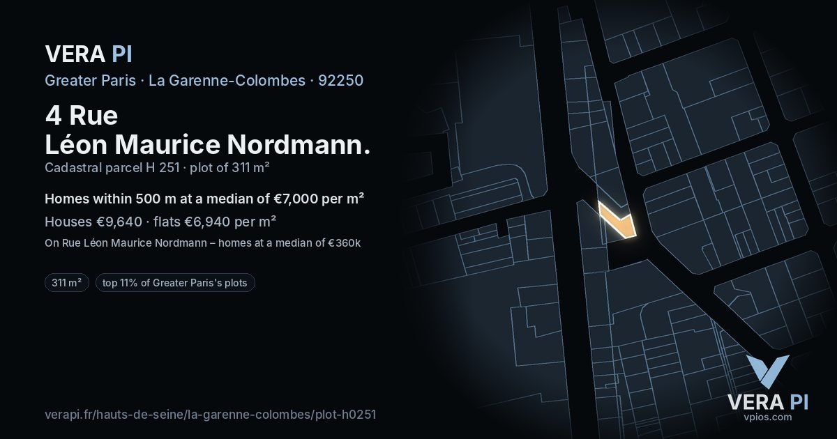 4 Rue Léon Maurice Nordmann, La Garenne-Colombes at night – the plot lit, the parcels around coloured by the prices near them