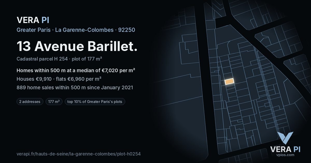 13 Avenue Barillet, La Garenne-Colombes at night – the plot lit, the parcels around coloured by the prices near them