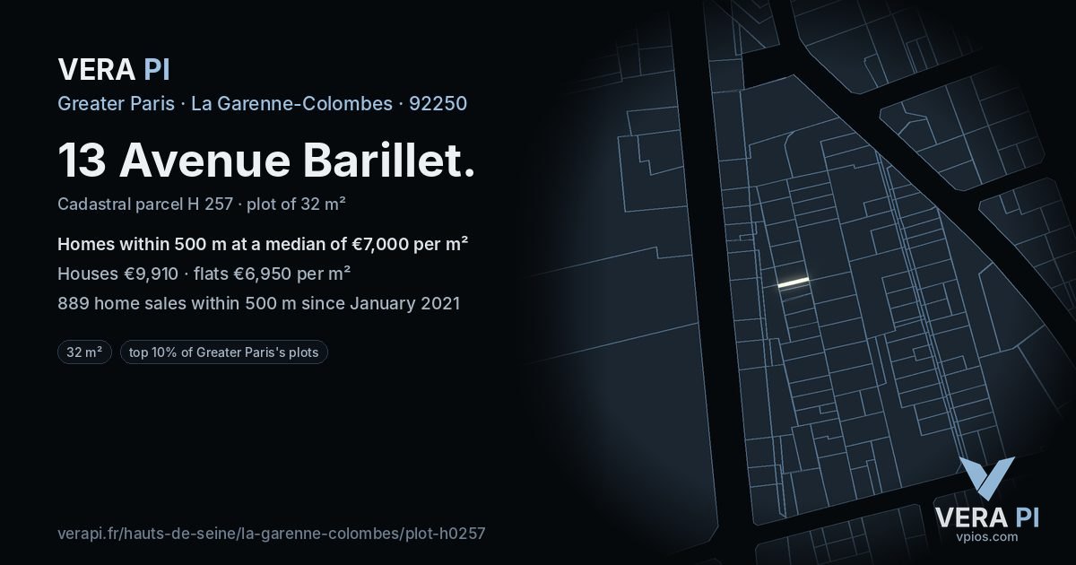 13 Avenue Barillet, La Garenne-Colombes at night – the plot lit, the parcels around coloured by the prices near them