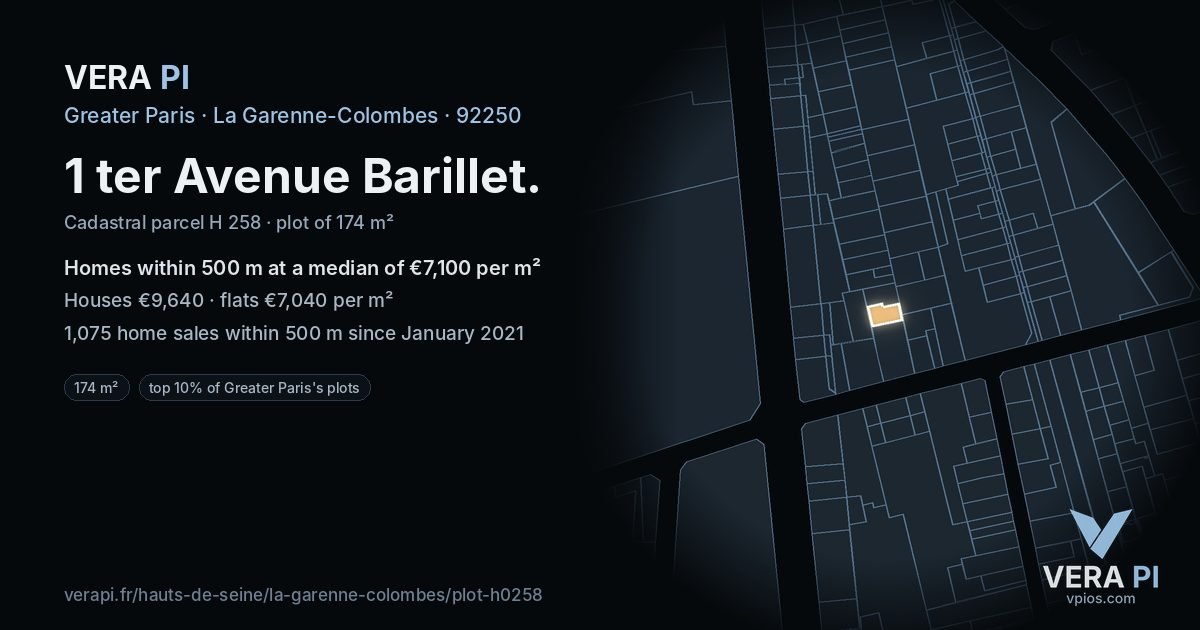1 ter Avenue Barillet, La Garenne-Colombes at night – the plot lit, the parcels around coloured by the prices near them