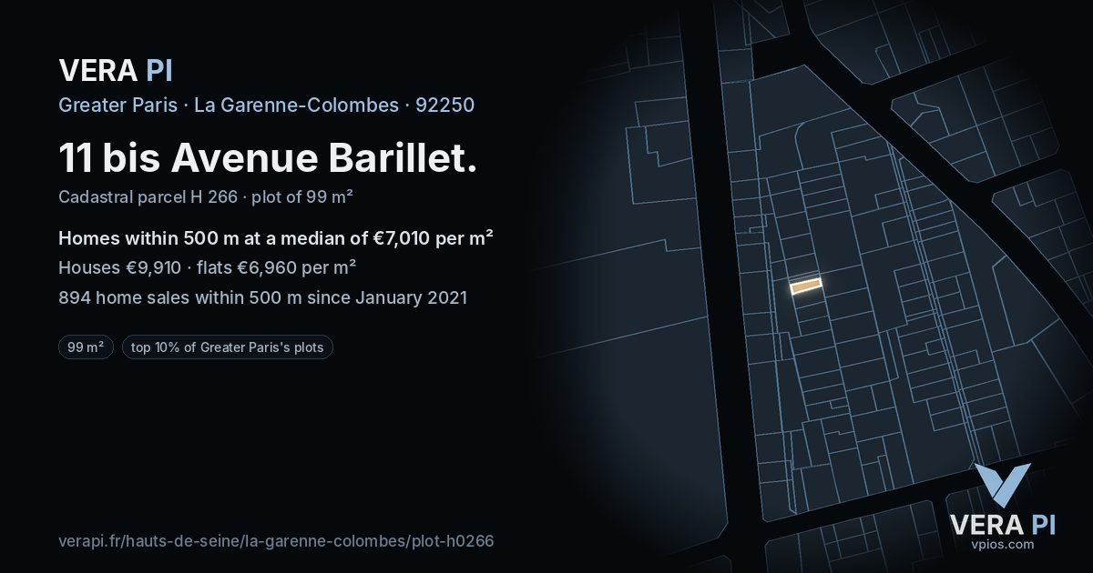 11 bis Avenue Barillet, La Garenne-Colombes at night – the plot lit, the parcels around coloured by the prices near them