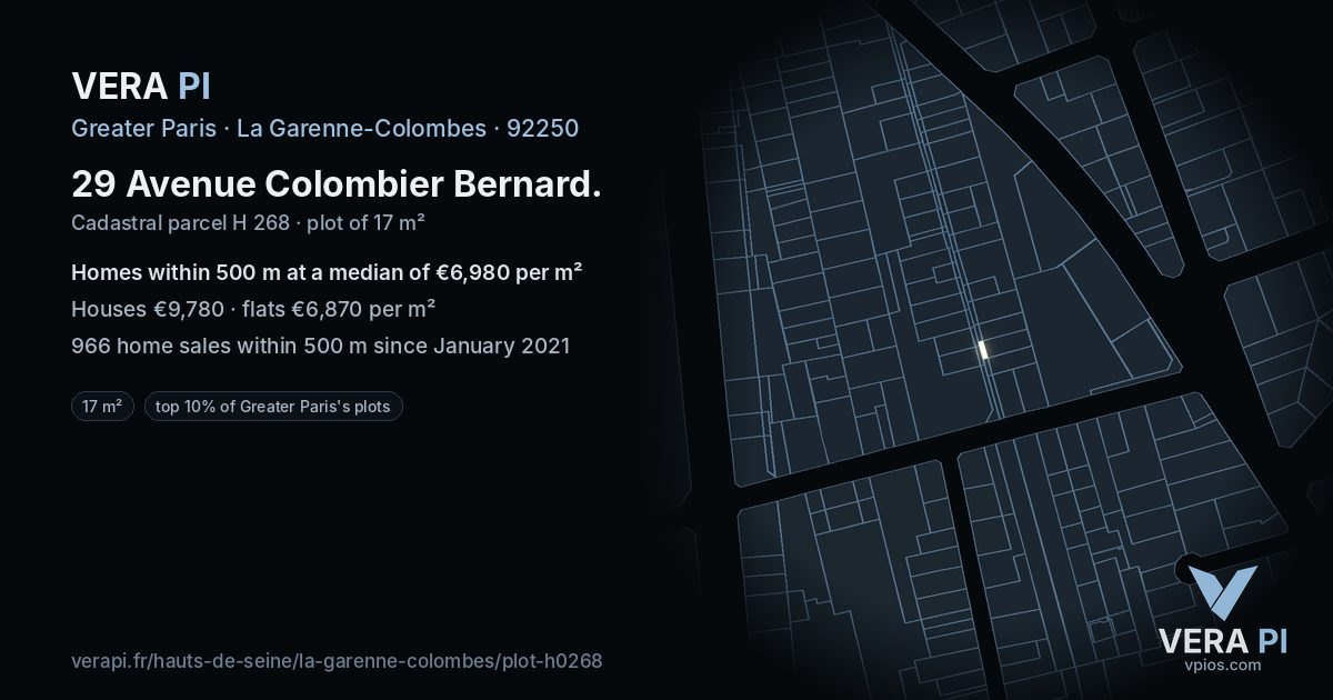 29 Avenue Colombier Bernard, La Garenne-Colombes at night – the plot lit, the parcels around coloured by the prices near them