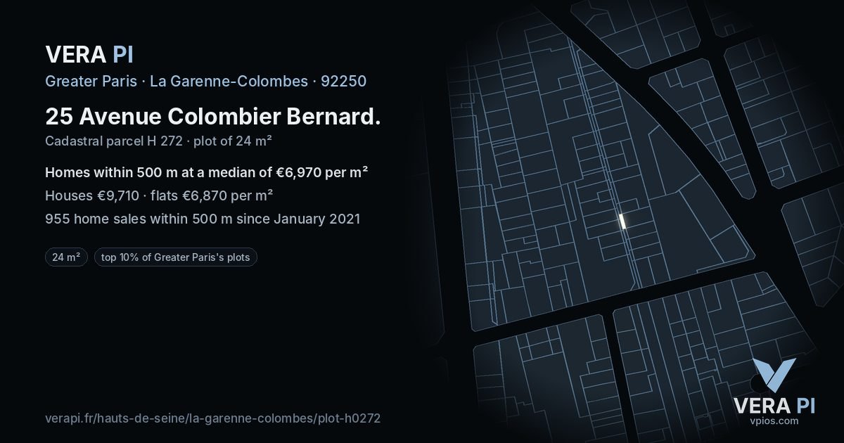 25 Avenue Colombier Bernard, La Garenne-Colombes at night – the plot lit, the parcels around coloured by the prices near them