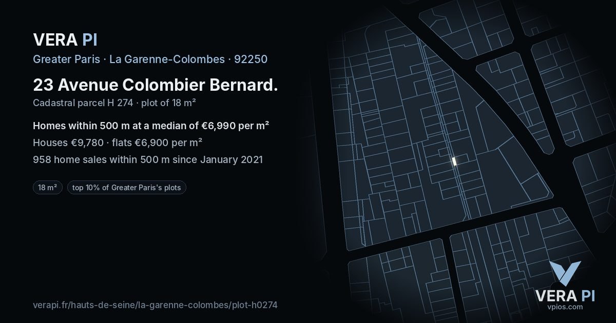 23 Avenue Colombier Bernard, La Garenne-Colombes at night – the plot lit, the parcels around coloured by the prices near them