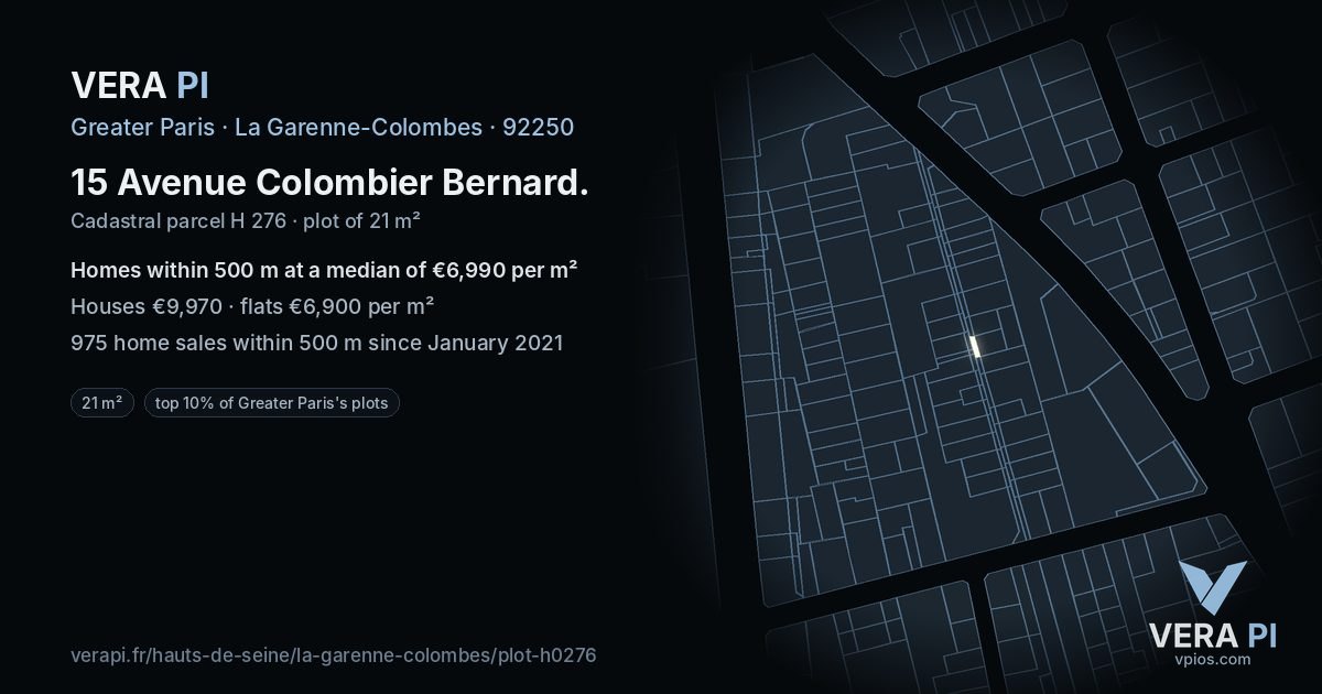 15 Avenue Colombier Bernard, La Garenne-Colombes at night – the plot lit, the parcels around coloured by the prices near them