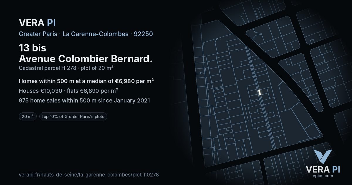 13 bis Avenue Colombier Bernard, La Garenne-Colombes at night – the plot lit, the parcels around coloured by the prices near them