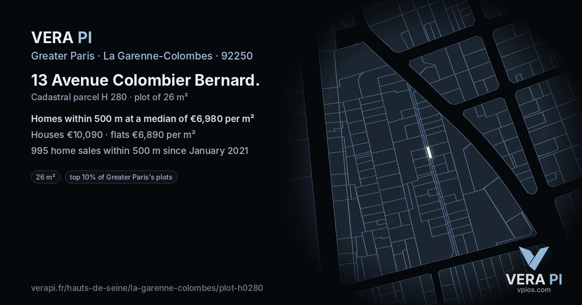 13 Avenue Colombier Bernard, La Garenne-Colombes at night – the plot lit, the parcels around coloured by the prices near them