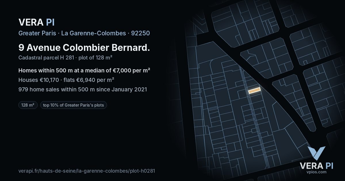 9 Avenue Colombier Bernard, La Garenne-Colombes at night – the plot lit, the parcels around coloured by the prices near them
