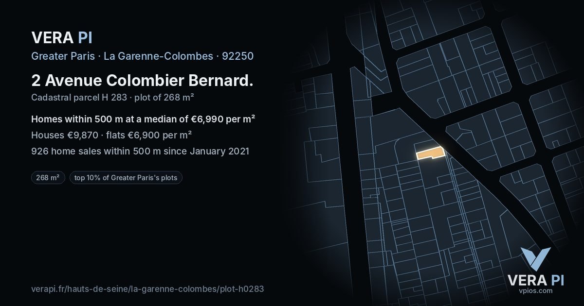 2 Avenue Colombier Bernard, La Garenne-Colombes at night – the plot lit, the parcels around coloured by the prices near them