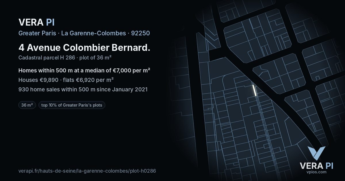 4 Avenue Colombier Bernard, La Garenne-Colombes at night – the plot lit, the parcels around coloured by the prices near them