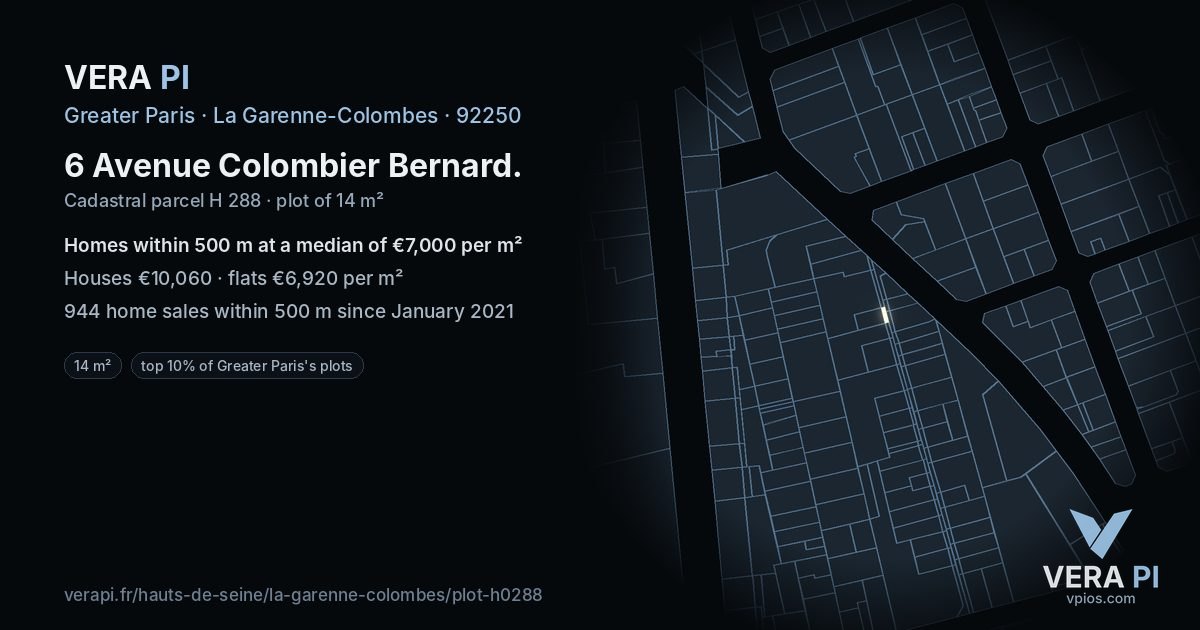 6 Avenue Colombier Bernard, La Garenne-Colombes at night – the plot lit, the parcels around coloured by the prices near them