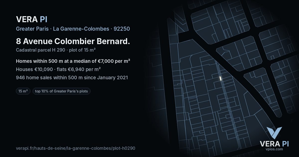8 Avenue Colombier Bernard, La Garenne-Colombes at night – the plot lit, the parcels around coloured by the prices near them