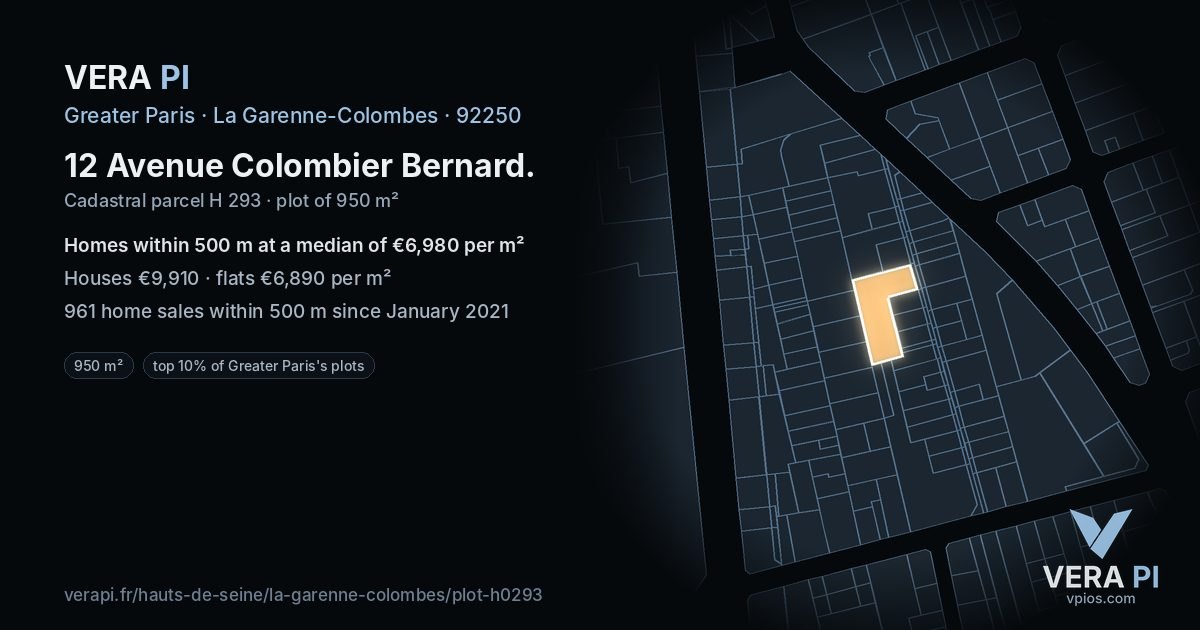 12 Avenue Colombier Bernard, La Garenne-Colombes at night – the plot lit, the parcels around coloured by the prices near them