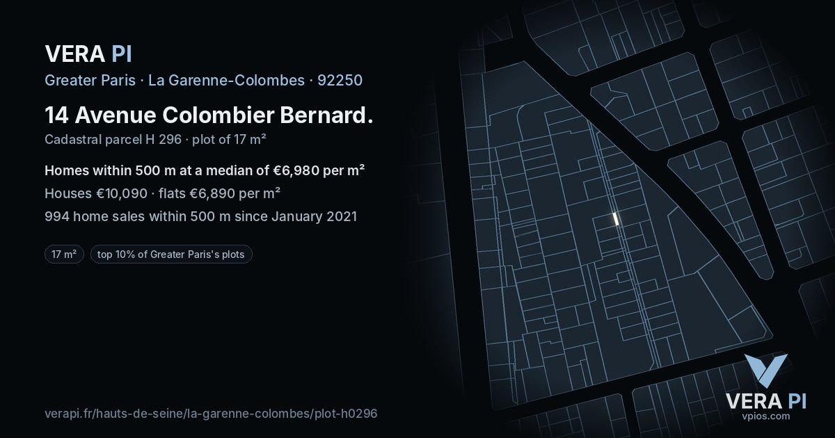 14 Avenue Colombier Bernard, La Garenne-Colombes at night – the plot lit, the parcels around coloured by the prices near them