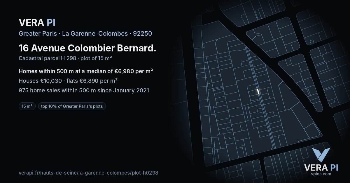 16 Avenue Colombier Bernard, La Garenne-Colombes at night – the plot lit, the parcels around coloured by the prices near them