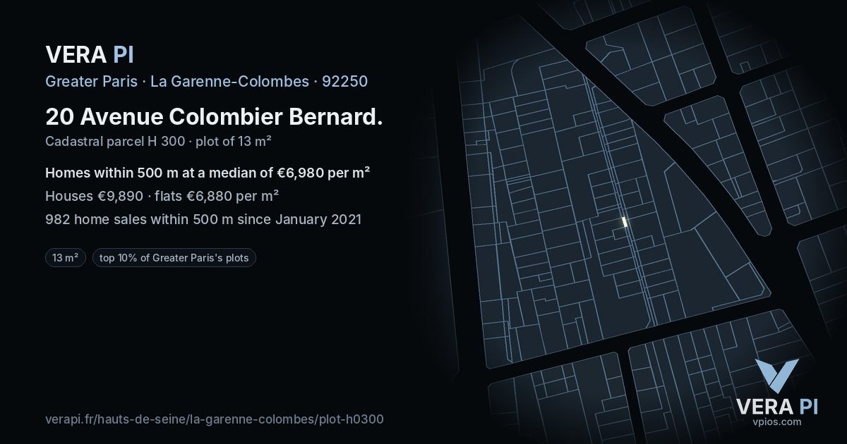20 Avenue Colombier Bernard, La Garenne-Colombes at night – the plot lit, the parcels around coloured by the prices near them