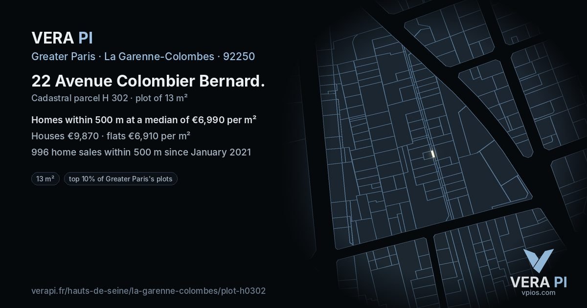 22 Avenue Colombier Bernard, La Garenne-Colombes at night – the plot lit, the parcels around coloured by the prices near them