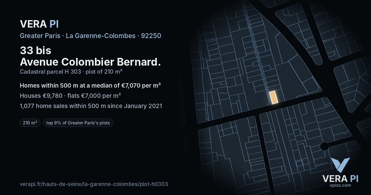 33 bis Avenue Colombier Bernard, La Garenne-Colombes at night – the plot lit, the parcels around coloured by the prices near them